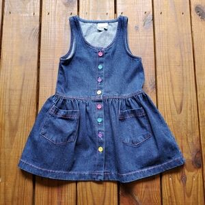 Vintage 80's baby toddler size 5 blue jean denim rainbow button dress